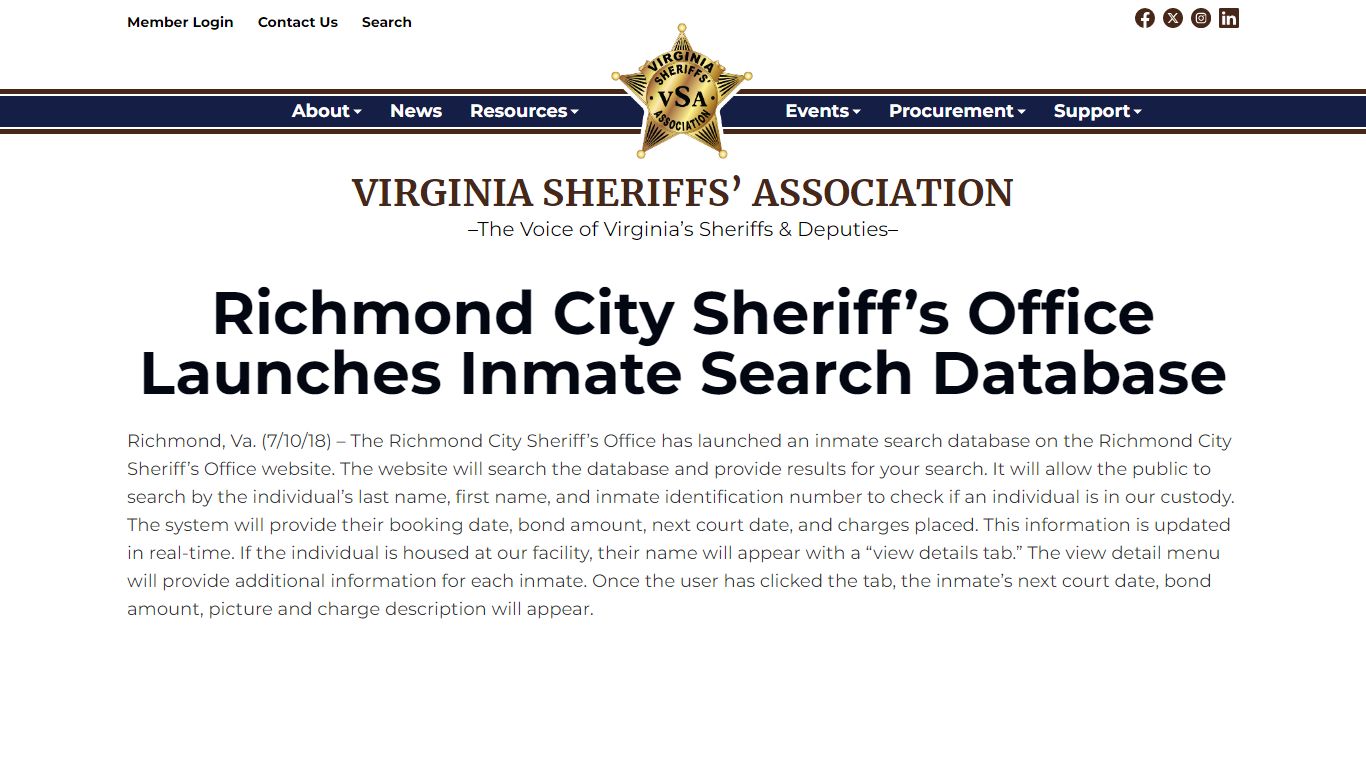 Richmond City Sheriff’s Office Launches Inmate Search Database ...